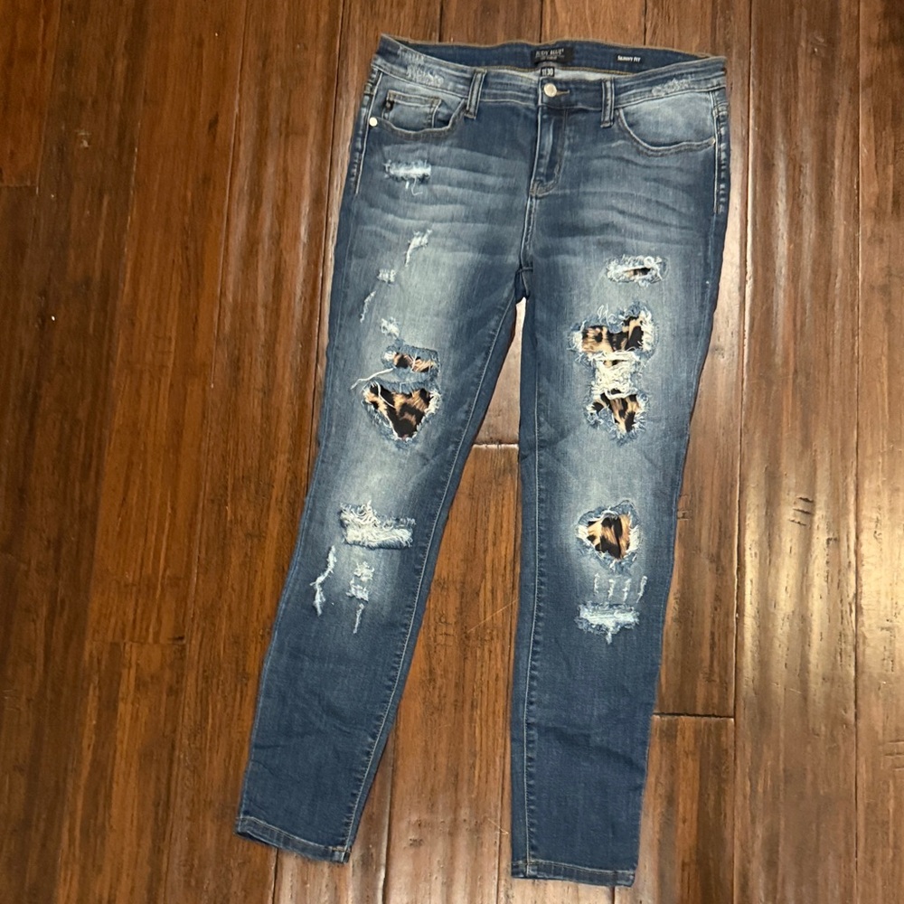 Judy Blue Distressed Leopard Patch Skinny Jeans